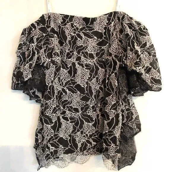 Halston Heritage Off the Shoulder Flounce Mesh Lace Embroidered Top 12 14 - Picture 5 of 8
